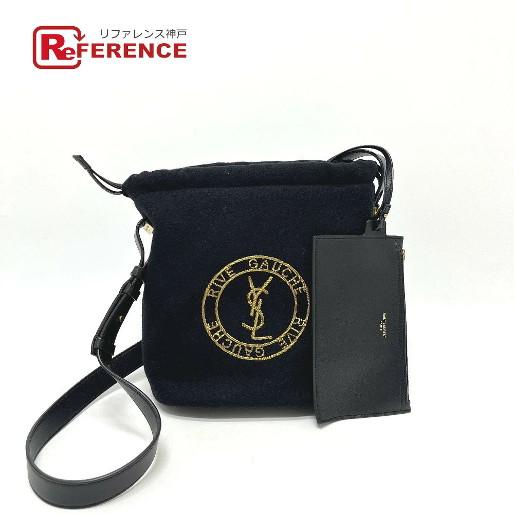 Saint Laurent PARIS Rive Gauche Drawstring Bag Shoulder Canvas Black